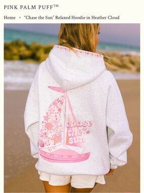 Pink Palm Puff™ 'Chase the Sun' Relaxed Hoodie - Heather Cloud with Pink Sail Lg